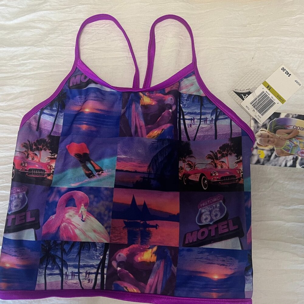 SPEEDO GIRLS TANKINI SWIM TOP REVERSIBLE SIZE 14 NWT PURPLE TROPICAL IMAGES